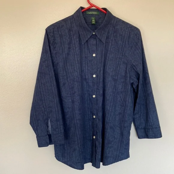 Ralph Lauren Blue Button Down Shirt XL Textured 3/4 Sleeve Classic Lightweight - Picture 3 of 10